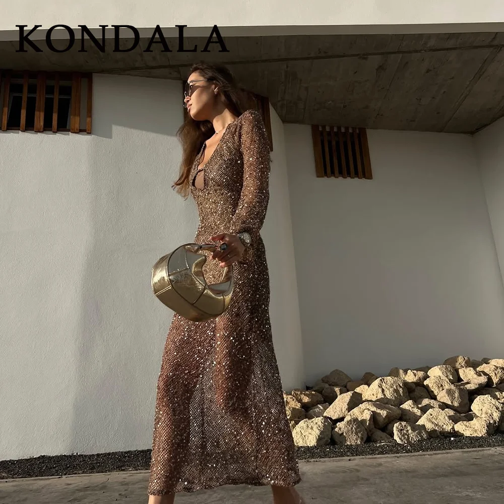 KONDALA 2025 Spring Summer Sexy Hollow Out Women Dresses Fashion Night Club Beading V Neck Slim Sheer Chic Ladies Dresses