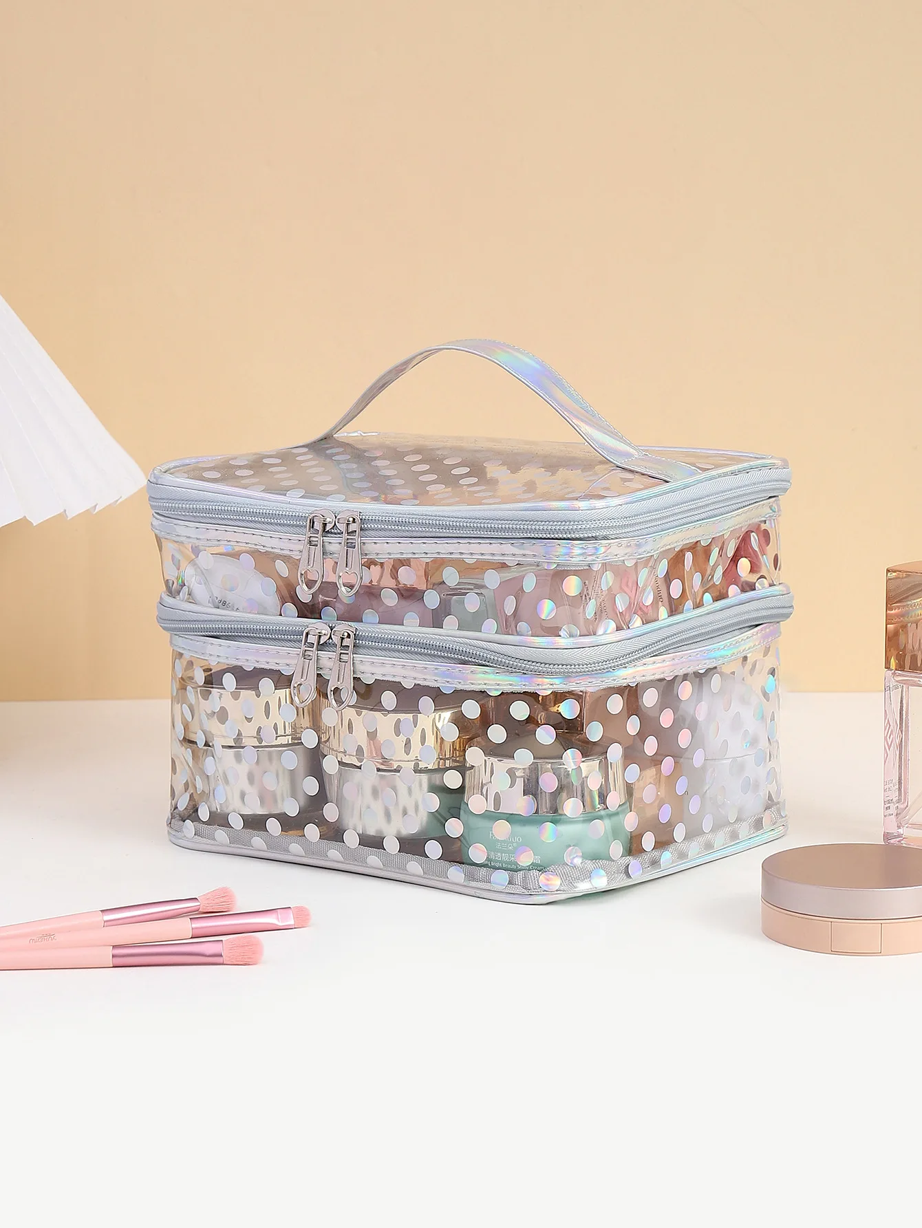 Polka dot transparent PVC double layer makeup bag Multi-functional portable waterproof makeup case large capacity travel storage