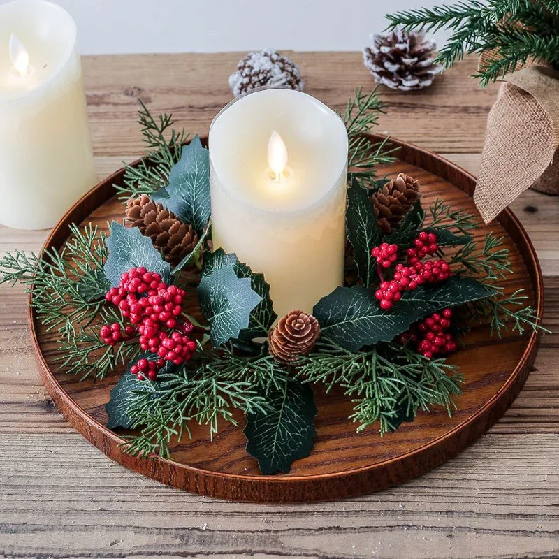 Christmas Candlestick Wreath Artificial Berry Garland Candle Ring Xmas Table Decoration Green Leaves Wreath for Candle Holder