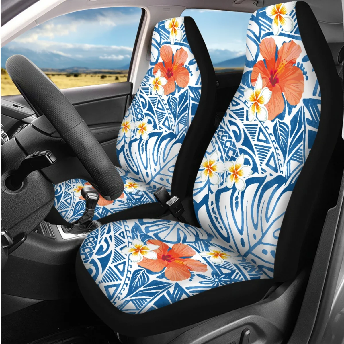 Car Accessories Tropical Plant Plumeria Auto Front Back Seat Cover Seatbelt Steering Wheel Covers Vehicle Protector Brand Design