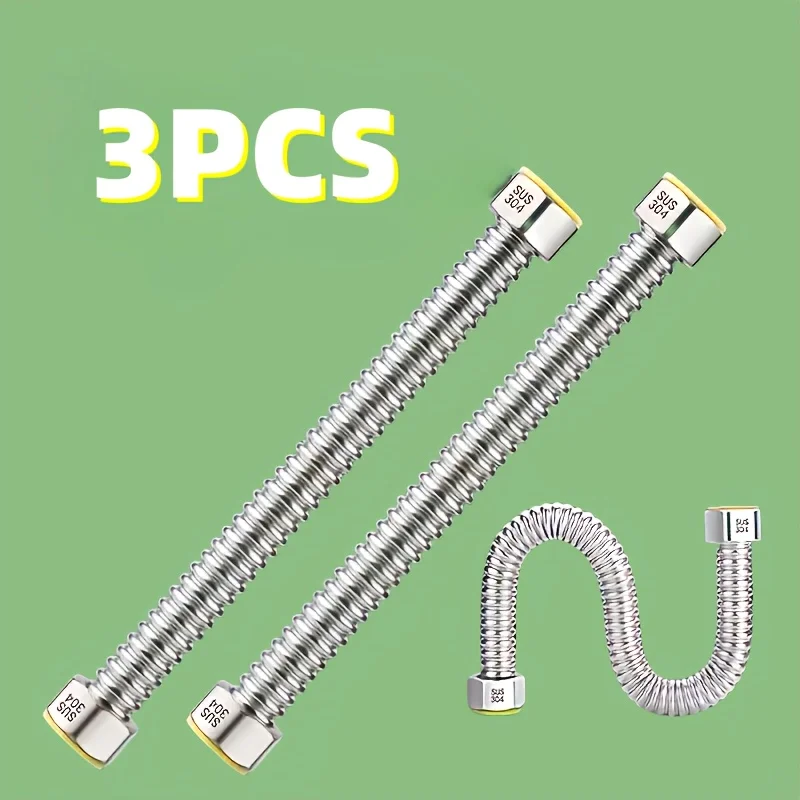 3Pcs 20cm 304 Stainless Steel Flexible Water Inlet Hoses G1/2, for Toilet & Water Heater Connection