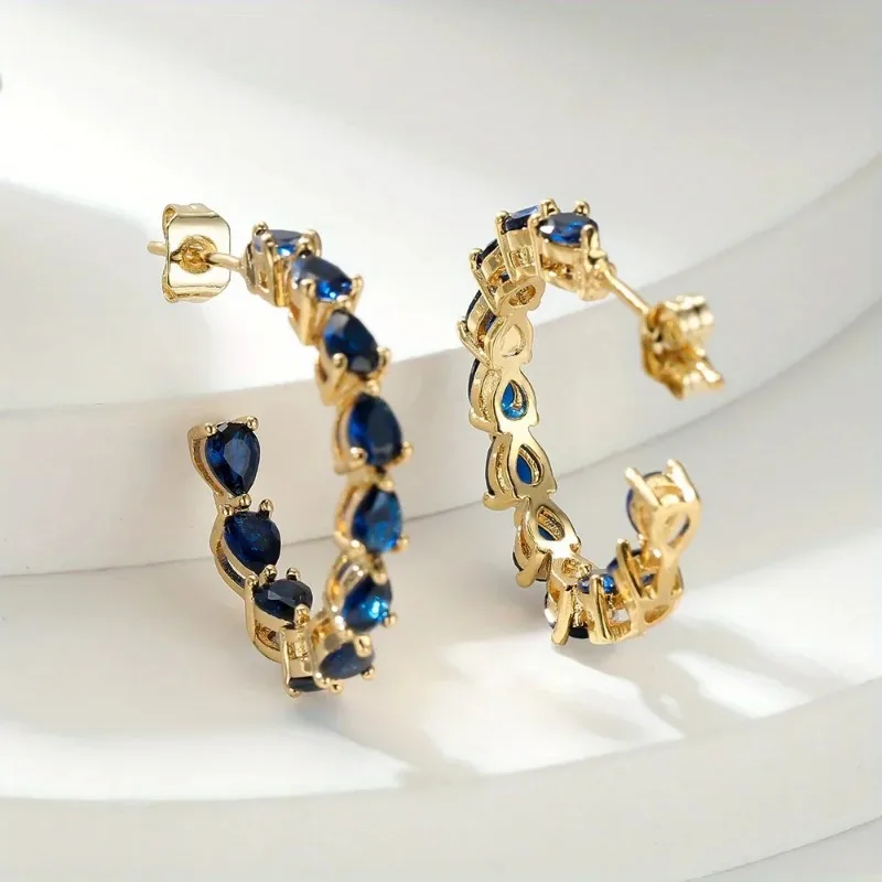 Fashion New Blue Teardrop Zirconia Tandem Inlaid Gold Colour Earrings Women\'s Luxury and Elegant Jewellery Accessories