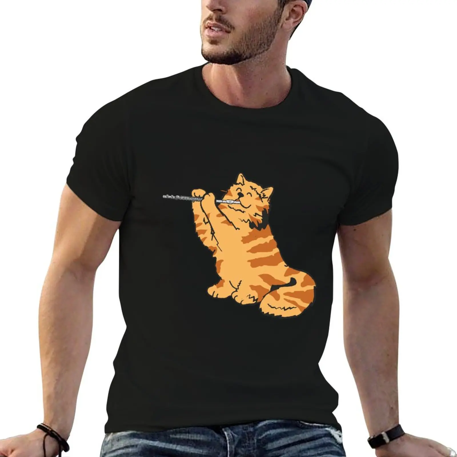 Flute Cat Transverse Flute Player Flutist Kitten T-Shirt All Match Print Short Sleeve Top