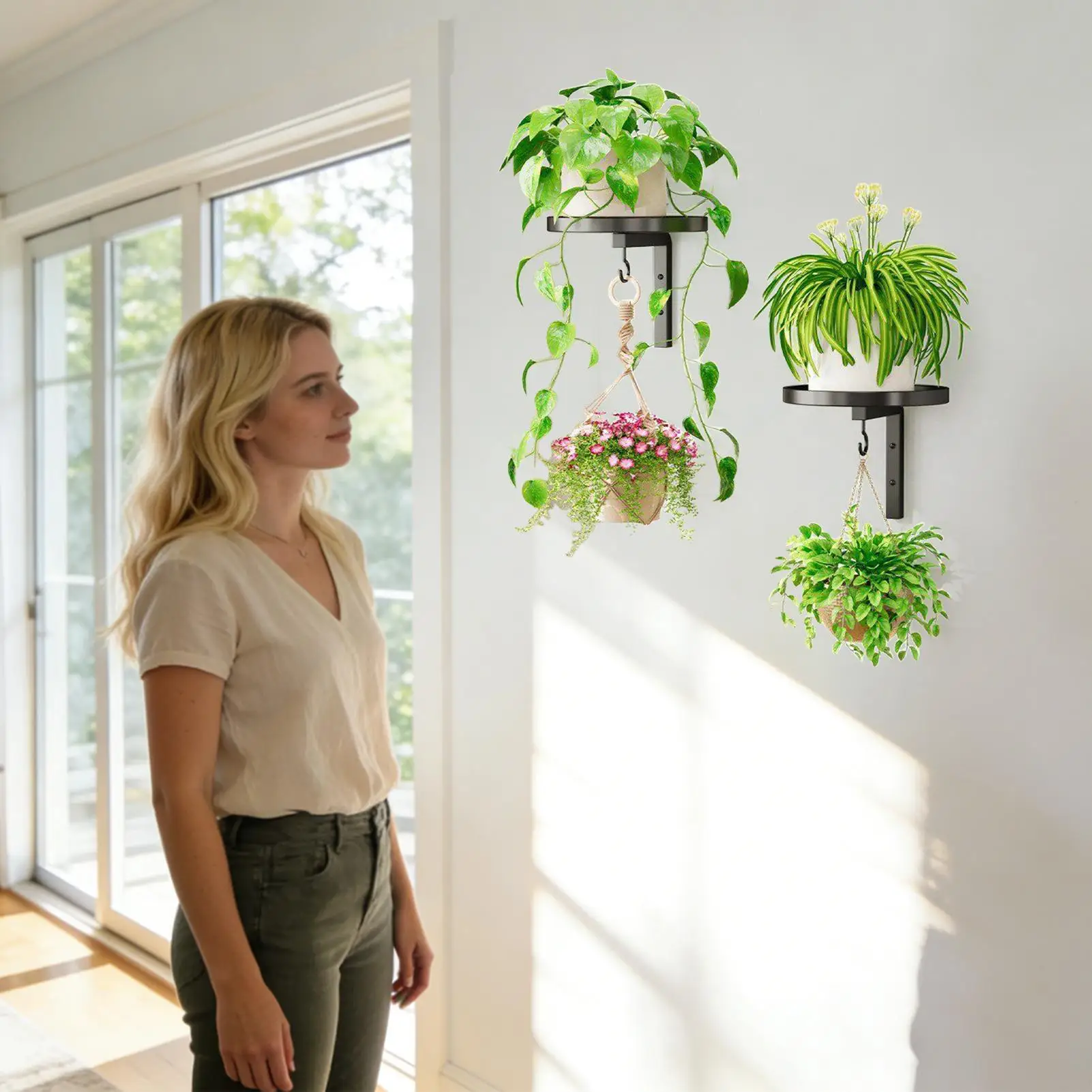 2pcs Outdoor Wall Plant Brackets With Drainage Holes Metal Hangers With 2 Hooks Space Saving Stand Support Plant Wall Shelf
