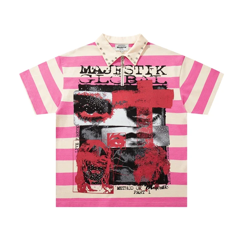 Pink White Horizontal Stripe Short Sleeve Heavy Rhinestone Collar Half Zip Print Loose Man Woman Majestik Polo T-Shirts