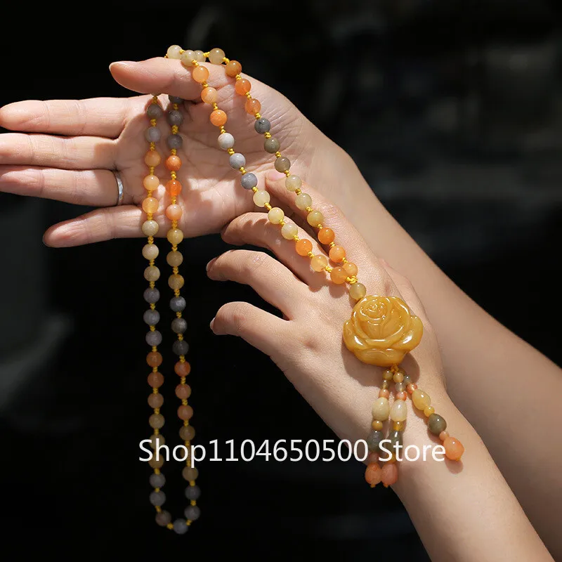 

Chain 100% Natural Jade Multi Color Jadeite Beads with Flower Link Necklace