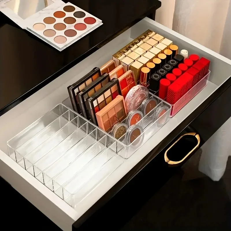 7-Compartment Clear Plastic Makeup Organizer Cosmetic Storage Tray for Bathroom Essentials Lipstick Eyeshadow Holder