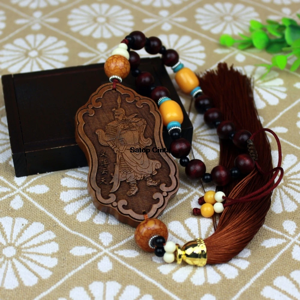 Handmade Peach Wood GuanGong Guanyin Peace Amulet Hanging Ornament Buddha Car Charm Handcrafted Rearview Mirror Tassel Pendants