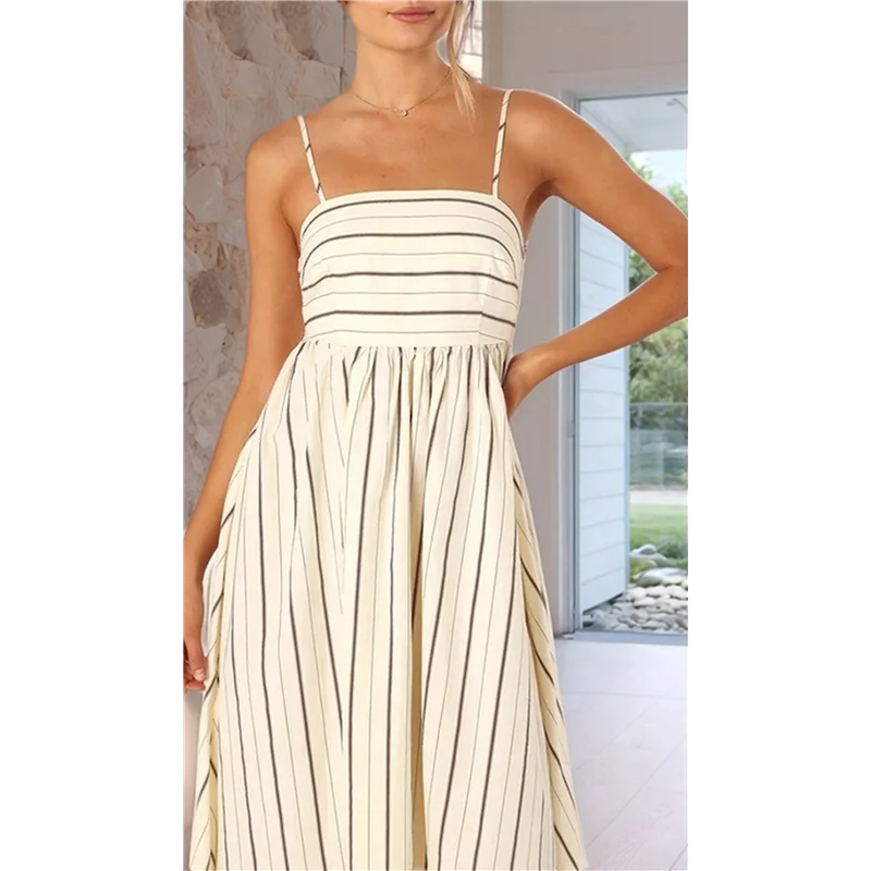 ใหม่-ผู้หญิงลายกลับ Smocked Maxi ชุดสปาเก็ตตี้ตัด Flowy Swing ชุดยาว