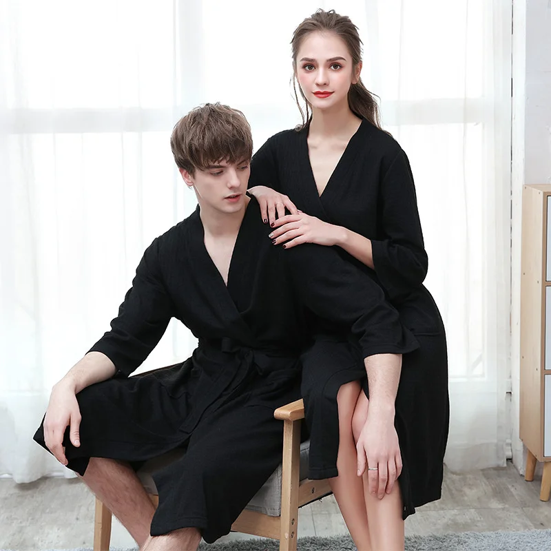 Spring Autumn White Couple V-Neck Long Bathrobe Summer New Waffle Casual Robe Gown Loose Sleepwear  Dry Quickly Home Pajamas