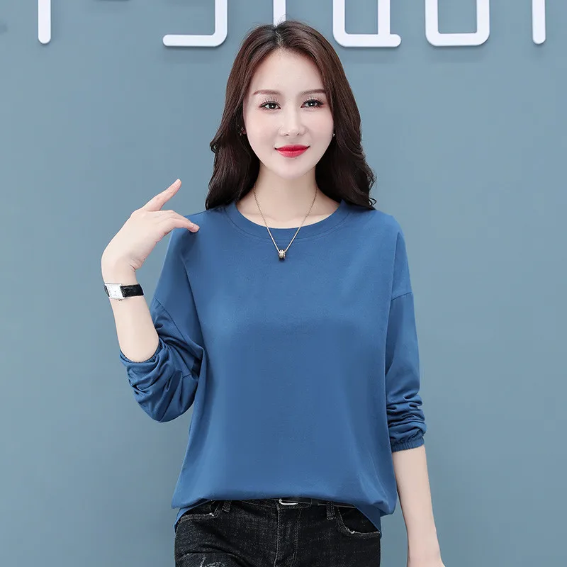 New Women'S Fashion Elastic Long Sleeve Top Spring Autumn Round Neck Solid Color Casual Middle Aged Mom Loose Shoulder T-Shirt
