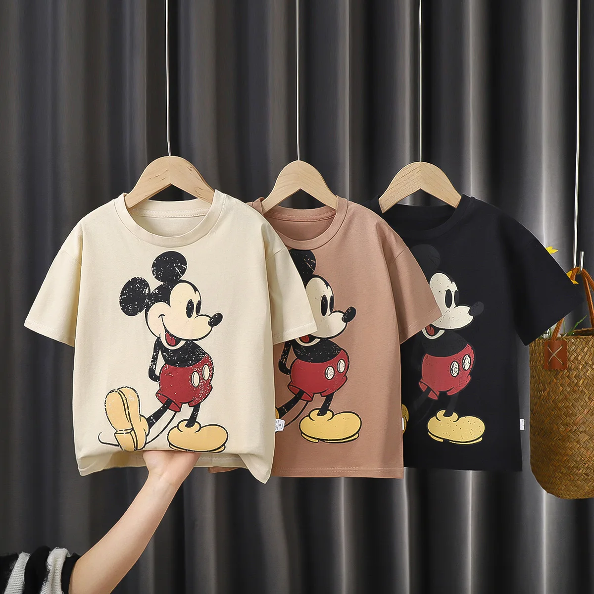 Mickey Print T-shirt Summer Clothing Solid Color Short Sleeve Tops Casual Simple Cartoon Cute Crewneck Base Shirt For Baby