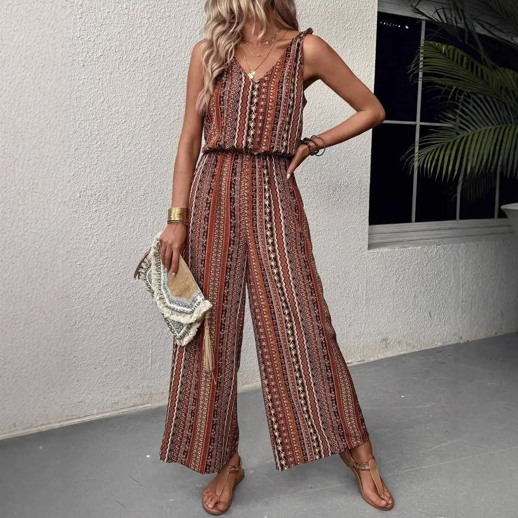 

Sexy Bal Print Vaion Svel One-Piece Pants Women's Summer Waist-Cinching Belted Long Pants Street Sle High Waist