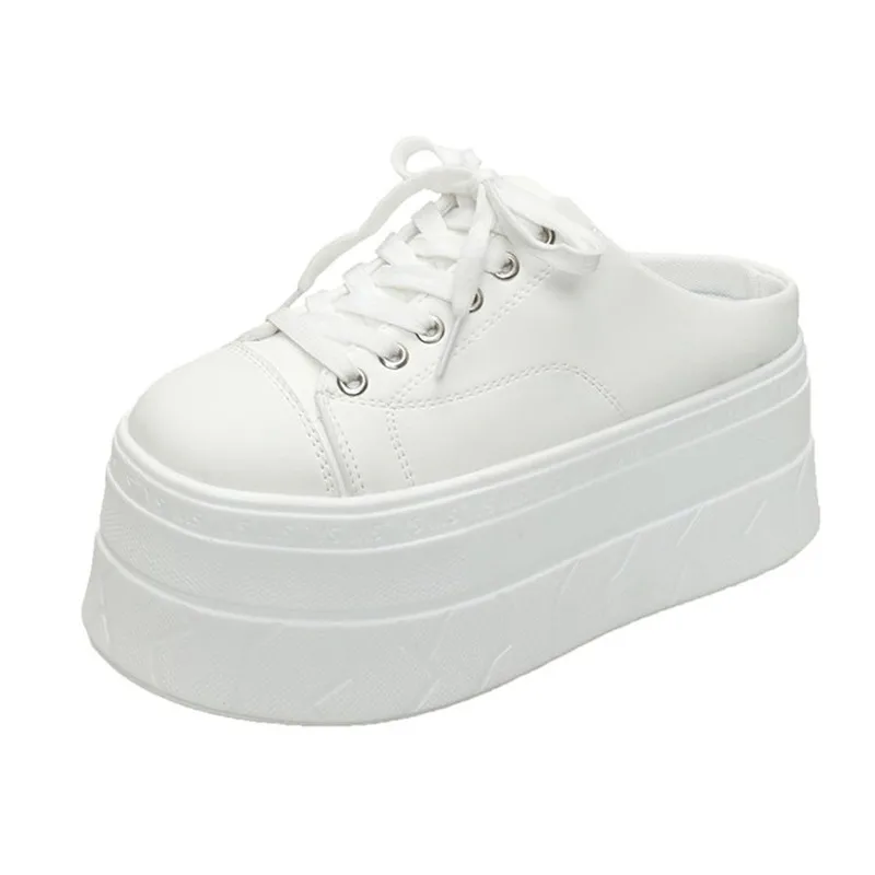 7.5CM Half Slippers Spring Summer Women's Casual Shoes Platform Ladies Slippers Lace Up Elevator Shoe Low Top Female Footwear