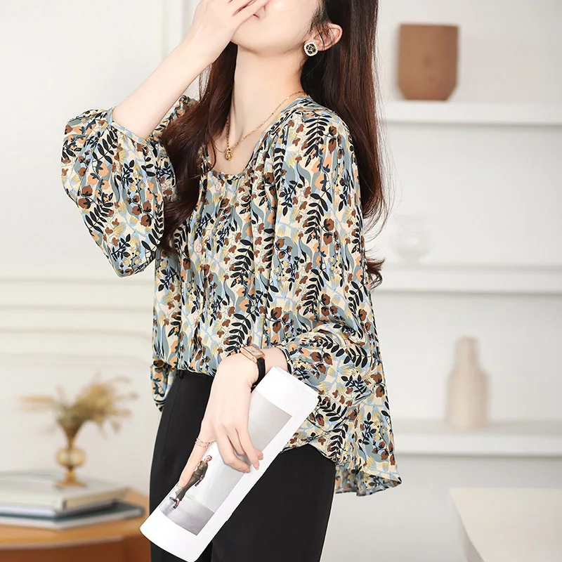 Women Clothing Chic O-neck Long Sleeve Chiffon Shirt Spring Summer Fashion Elegant Floral Printing Blouses Casual Loose Y2k Tops