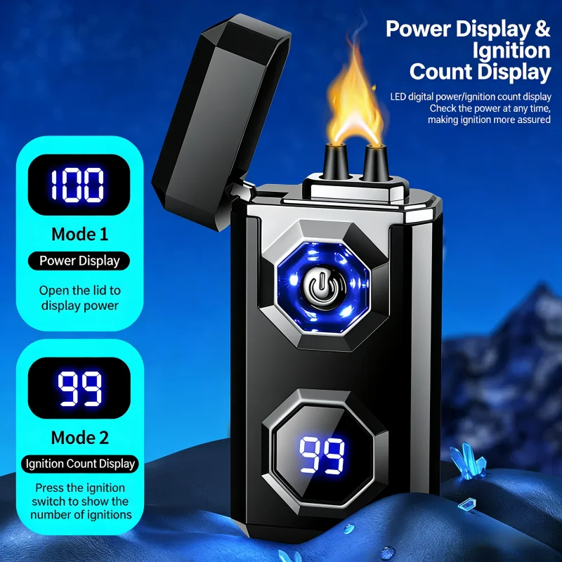 TOP High Power Windproof Arc Charging USB Lighter Outdoor Strong Light Large Capacity Battery Level Display Electric Lighters