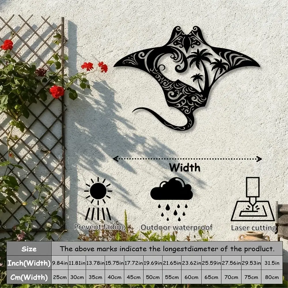 CIFBUY 2D Flat Wrought Iron Manta Ray with Palm Trees Metal Wall Art Living Room Bedroom Office Decor
