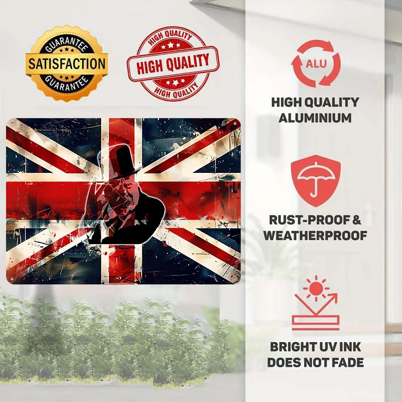 Grunge Winston Churchill Union Jack Metal Print Personalized 3D Textured Metal Poster Wall Art Vintage Tin Signs for Decor Room