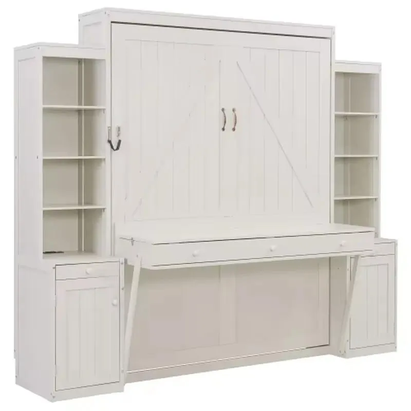 Queen Modern Solid Wood Murphy Bed with Desk Storage Space Saving Wall Bed Cabinets Drawers White