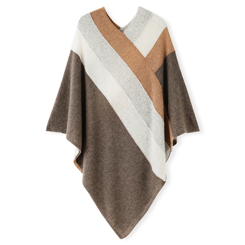 Cashmere shawl paired with high-end multi-color knitted square scarf of designer style and large-sized cape or scarf accessory