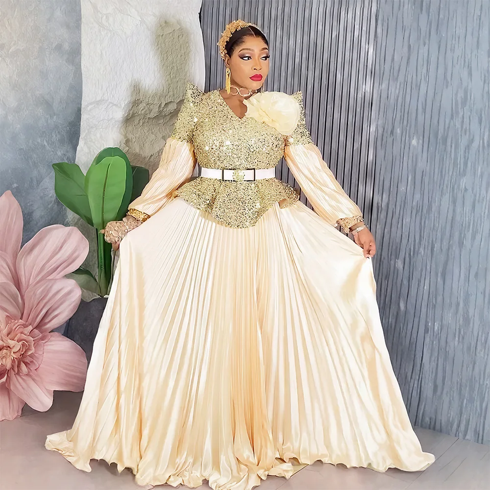 

African Dresses for Women Luxury Sequin Evening Gown Plus Size Turkey Wedding Party Dress 2025 Elegant Ladies Clothing