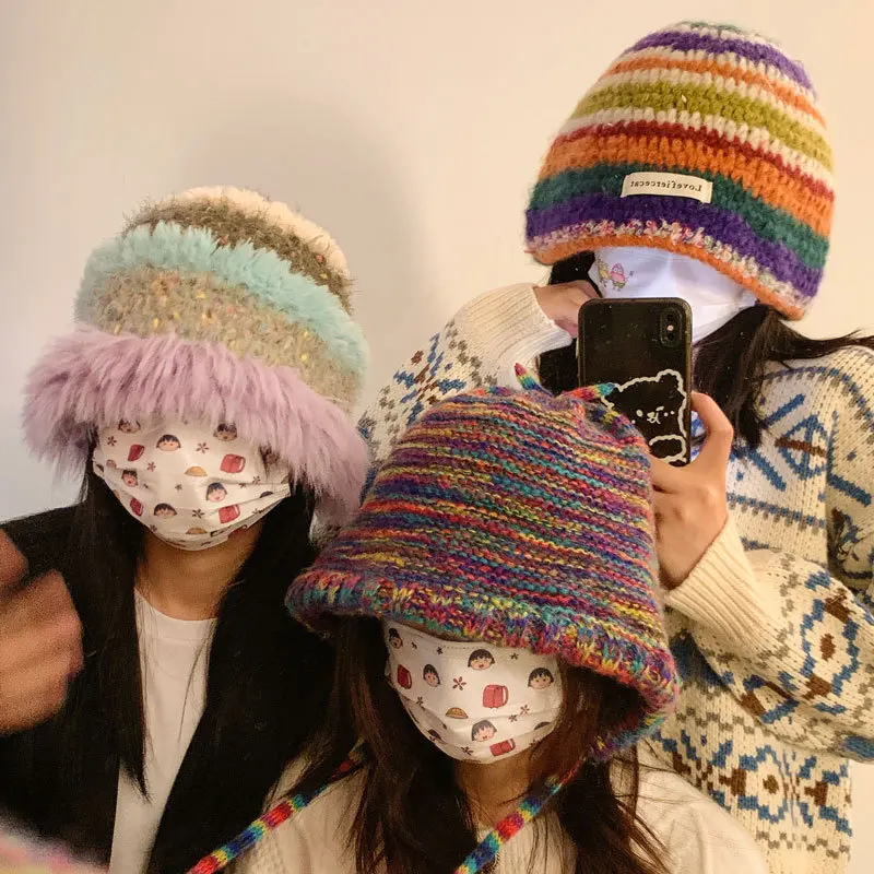 

Градиентная шерстяная винтажная цветная полосатая шапка, женская вязаная шапка ручной работы, толстая теплая вязаная шапка, зимняя панама с защитой ушей