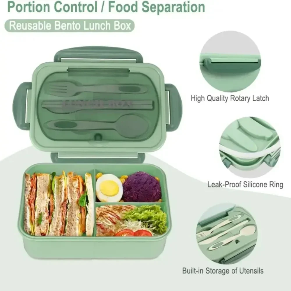 1200ML Bento Lunch Box For Adults Office Picnic, Leak-Resistant Container With Utensils, 3 Sections, Microwave-Safe ﻿ view 2