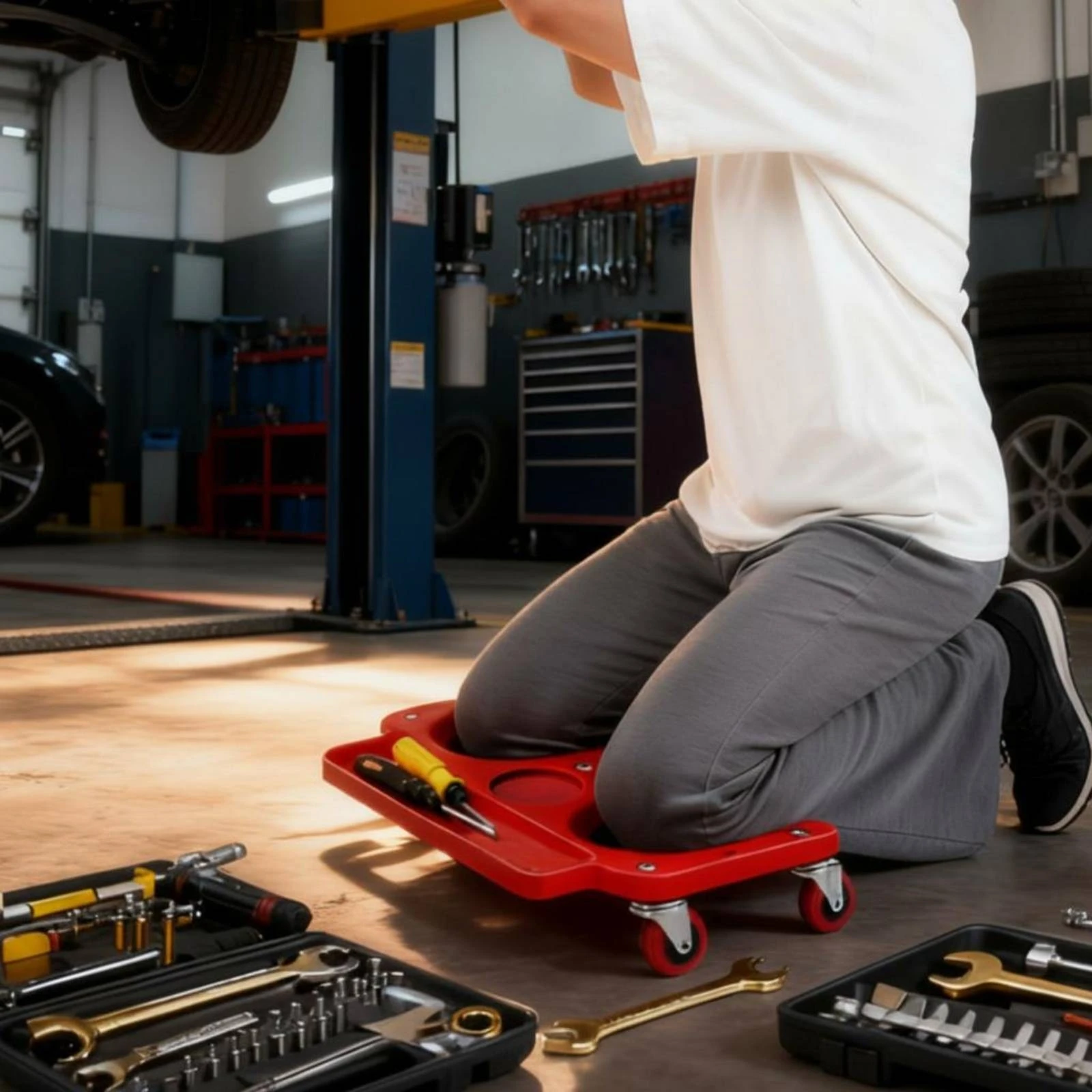 Mechanic Kneeling Board Molded Platform Swivel Caster Knee Seat Rolling Knee Board Rounded Edges Garage Gear Durable Frame
