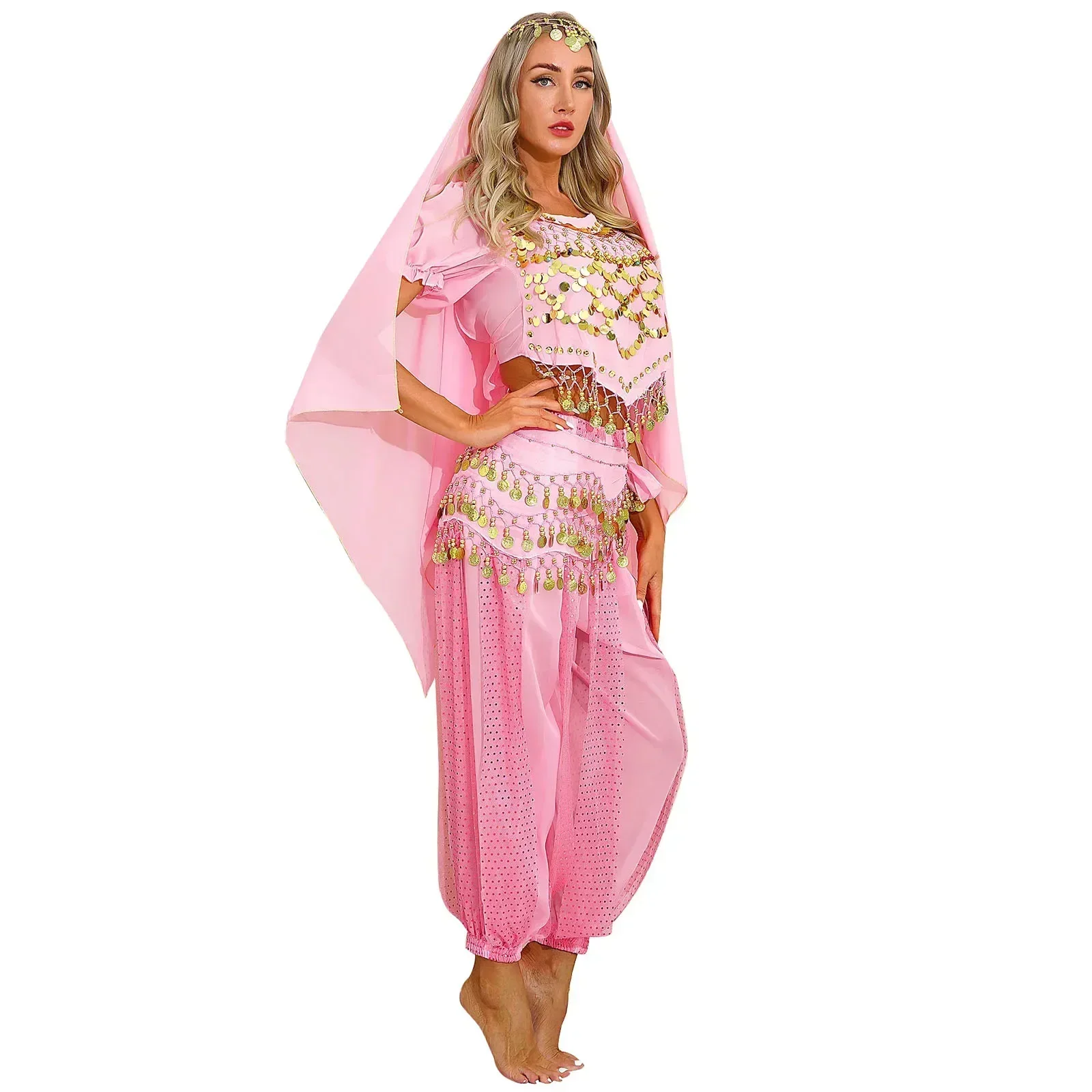 Womens Belly Dance Costume Coins Tassel  Bras Top with Harem Pants Hip Scarf Outfit for Fancy Dress Rave Party Stage Performance