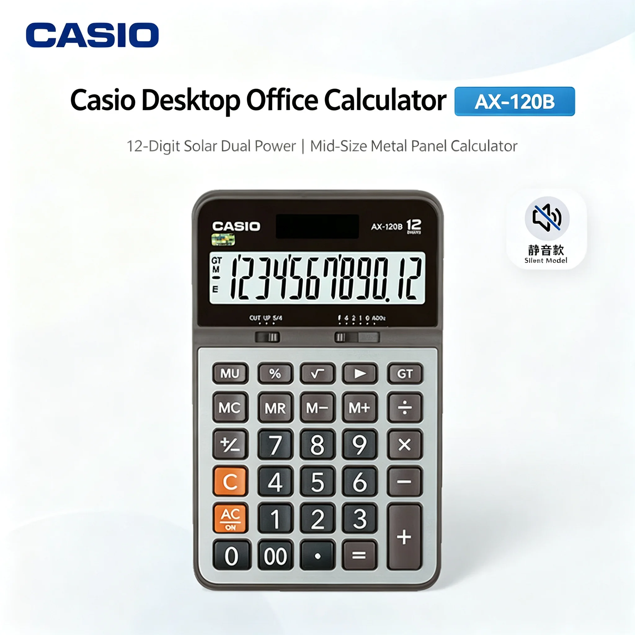 Genuine CASIO AX-120B Financial Desk Calculator, Solar & Battery Powered for Accountants, Office & Daily Business Calculation