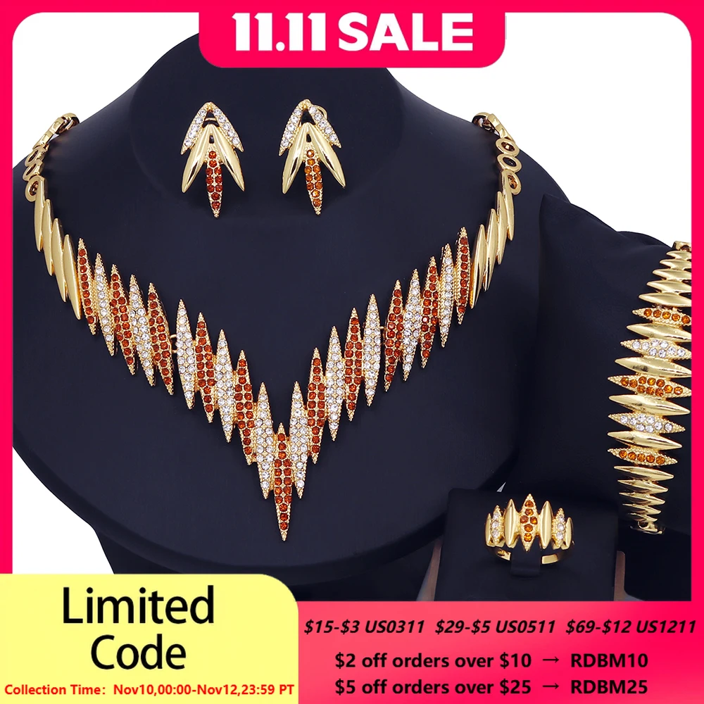 

YTJX Horse Eye Jewelry Set Luxury Zircon Necklace Bracelet Earring Ring Dubai Africal Wedding Jewellery 18K Gold Plated