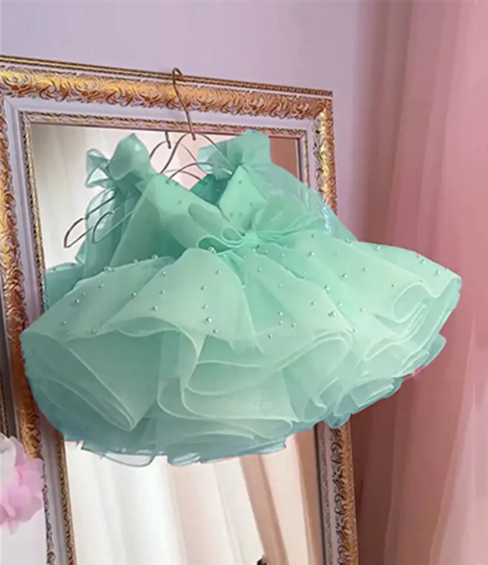 Customized Pink Flower Girl Dresses For Wedding Pearls Sleeveless Puffy Cute Baby Birthday Party First Communion Pageant Gown
