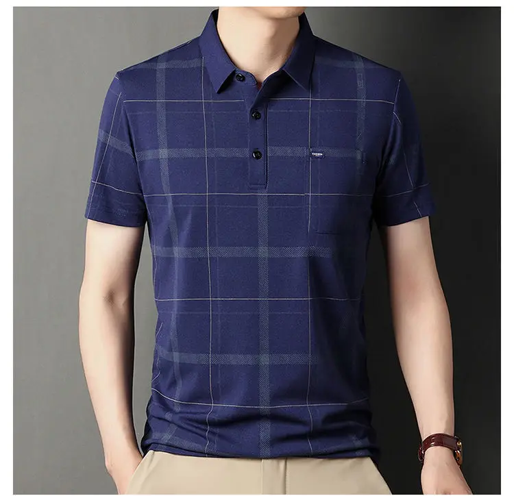Ice Silk Summer Plaid Breathable Short Sleeve Men's Loose Casual Polo Shirt for Middle-aged and Elderly