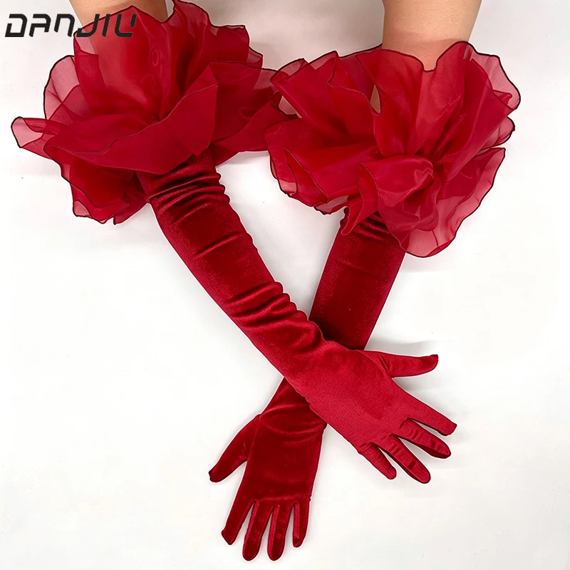 Women Burgundy Color Golden Velvet Mesh Ruffle Edge Long Aesthetic Gloves Etiquette Stage Performance Opera Wedding
