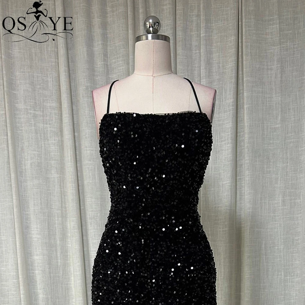 Black Sequin Sheath Short Prom Dresses Spaghetti Straps Open Low Back Evening Gown Knee Length Back Straps Sexy Girl Party Gown