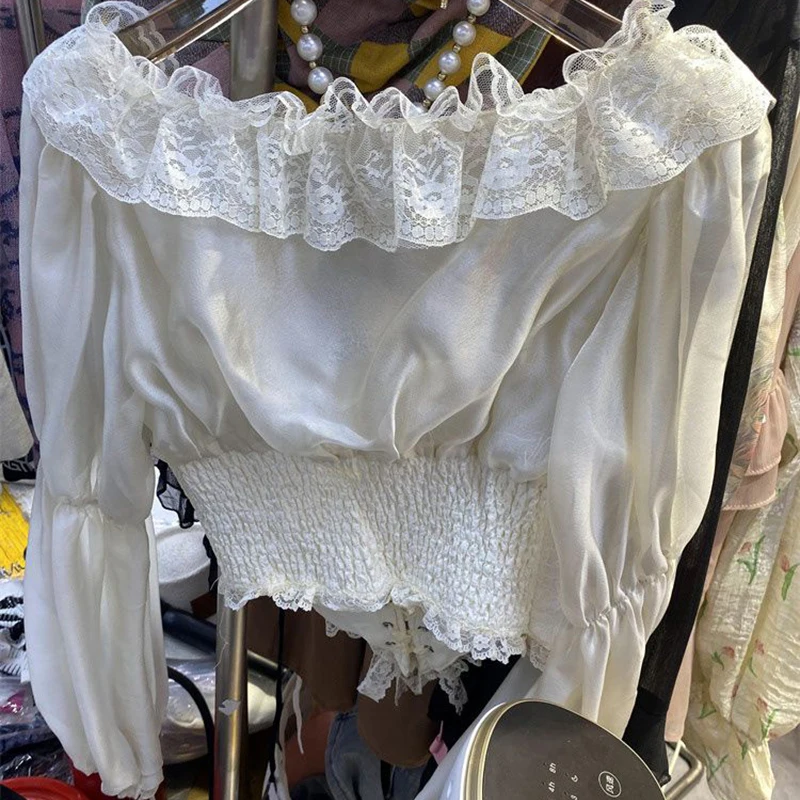 Blusa Elegante de Encaje con Parches para Mujer, Blusa de Gasa Transparente con Cordones en la Cintura, Estilo Princesa, Primavera-Otoño, Estilo Corte, Top Sexy