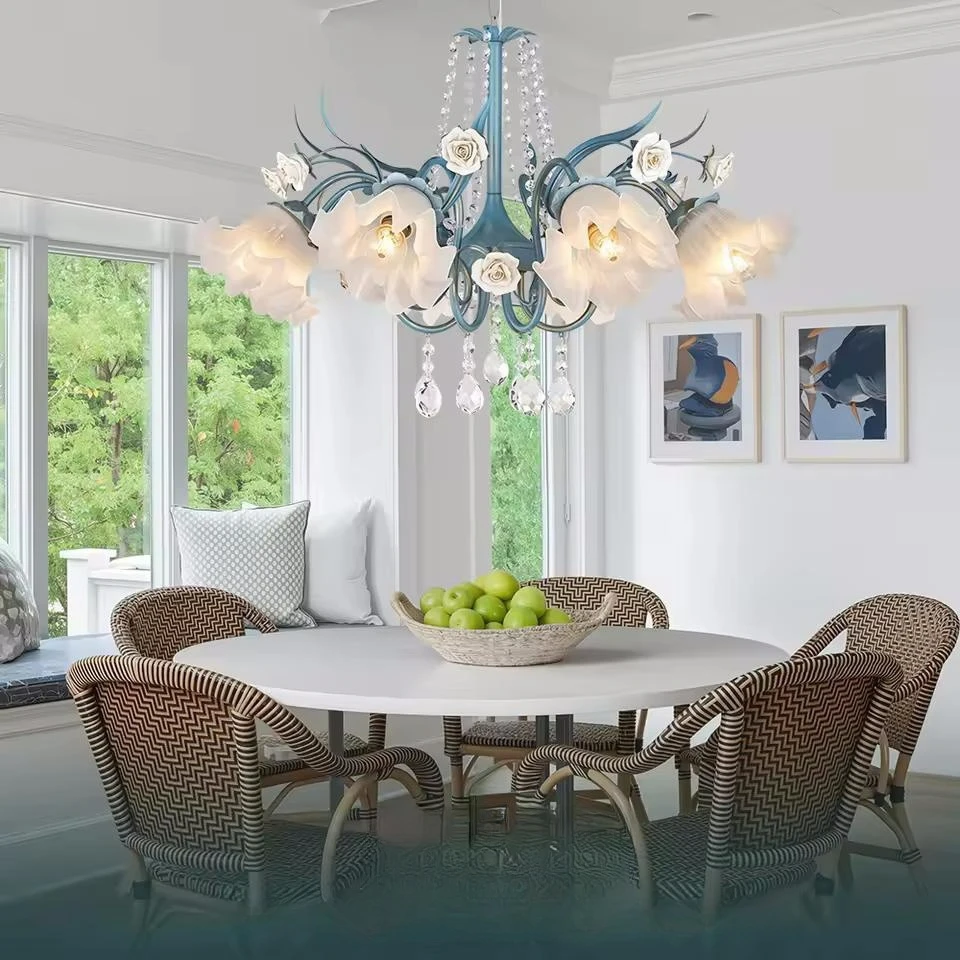 

Nordic Luxury Flower Chandelier For Kitchen Table Living Room Bedroom Blue Iron Pendant Light With K9 Crystal Ceramic Roses