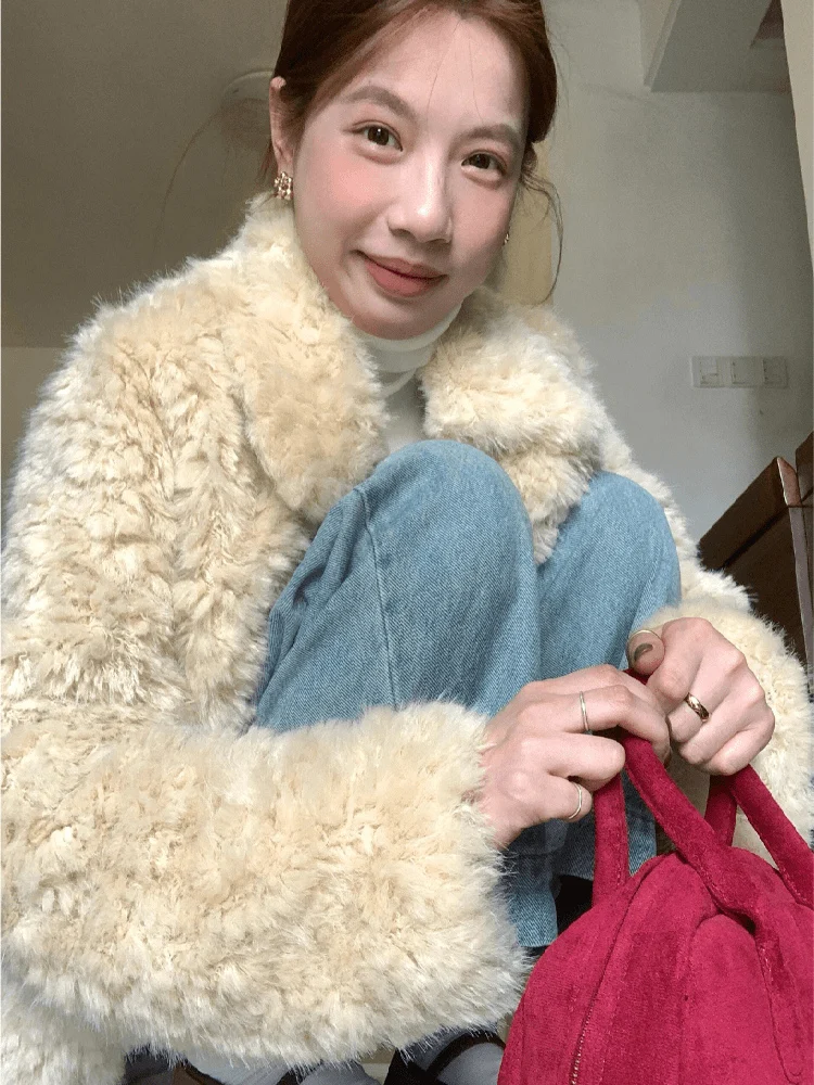 

Korean Sle Young Women's Winter Jaet Lamb Fur Coat in One High-End ort Sve Long Straight Cut Cotton Outerwear