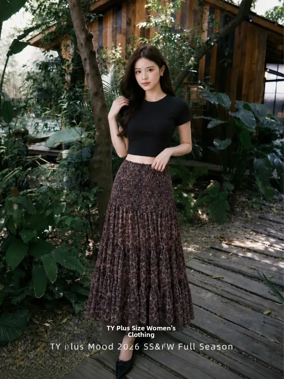 Large Size Commuter Fashionable Design Retro Leopard Print A-Line  Skirt Women's Slimming Pleated Long Skirt
