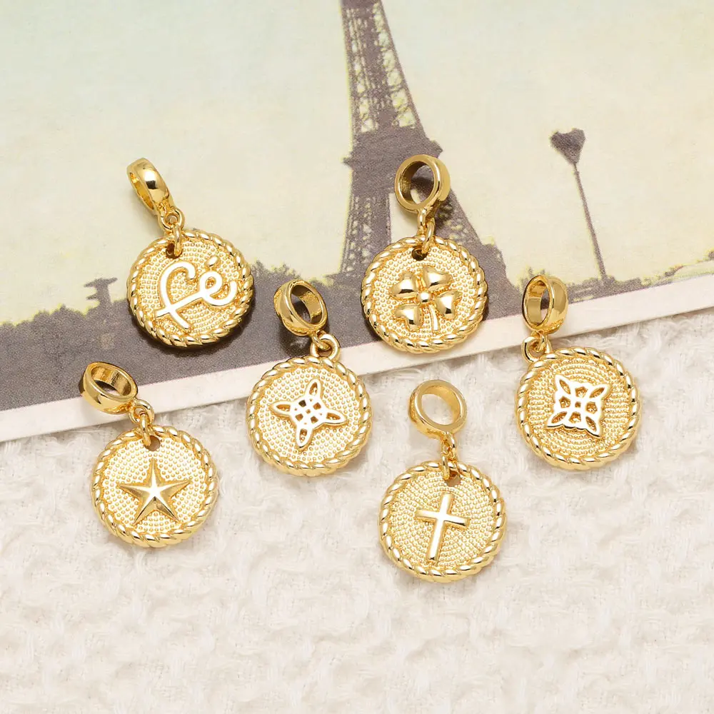 OCESRIO Gold Plated Brass Lucky FE Star Symbol Coin Pendant for Necklace Making Vintage Round DIY Jewelry Accessories pdtb887