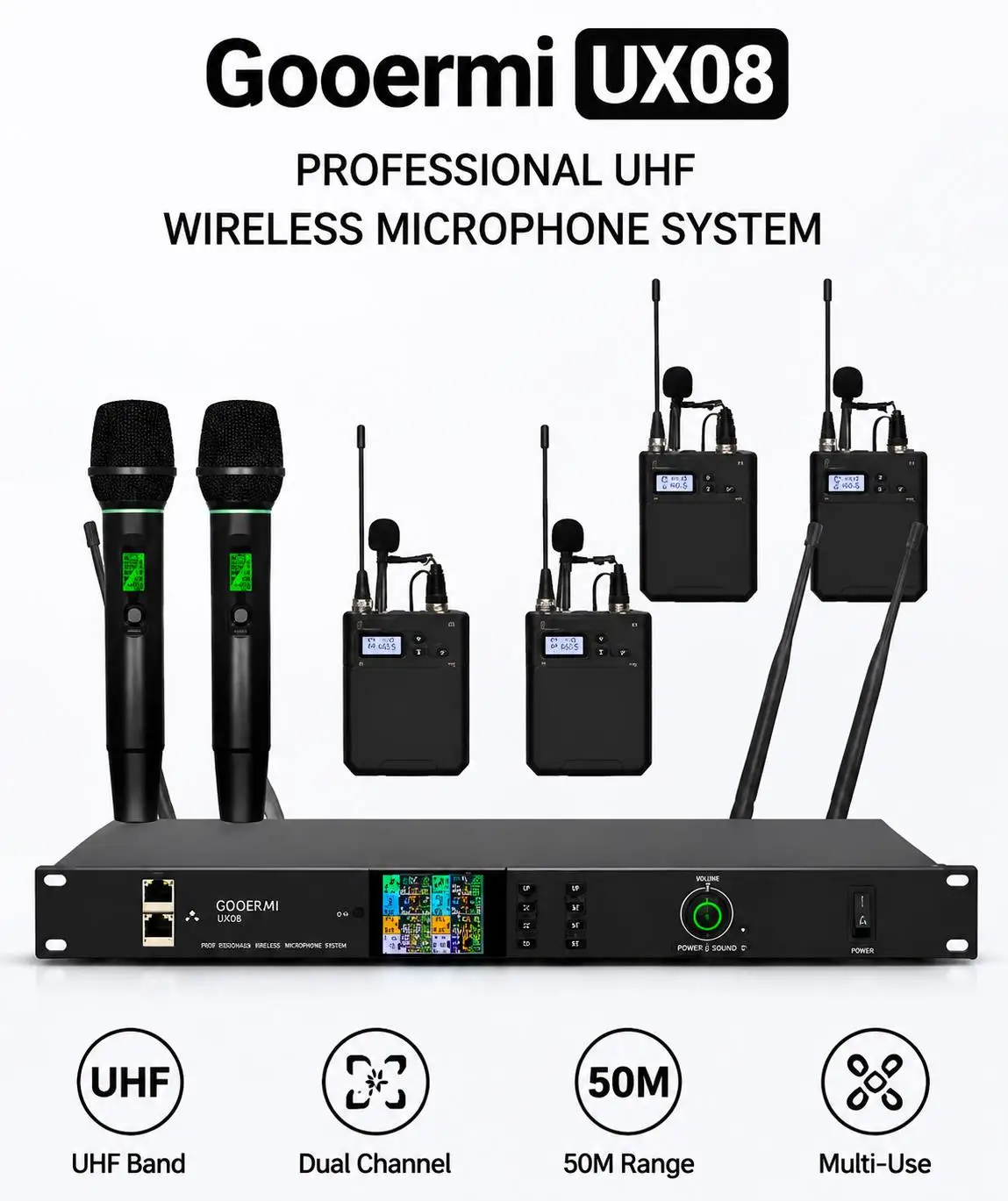 GOOERMI UX08 UHF Dual Wireless Microphone System Karaoke Mic Set Cardioid Anti-Interference Stage DJ Party