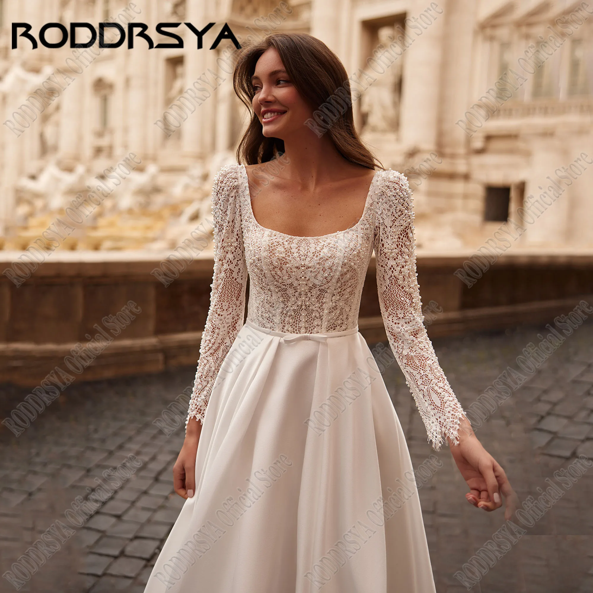 RODDRSYA-vestido De novia largo y elegante para mujer, traje De satén con cuello cuadrado, línea A, cola De barrido, personalizado, 2025Roddsya vestidos de novia elegantes y largos personalizados 2025 cuello cuadrado d