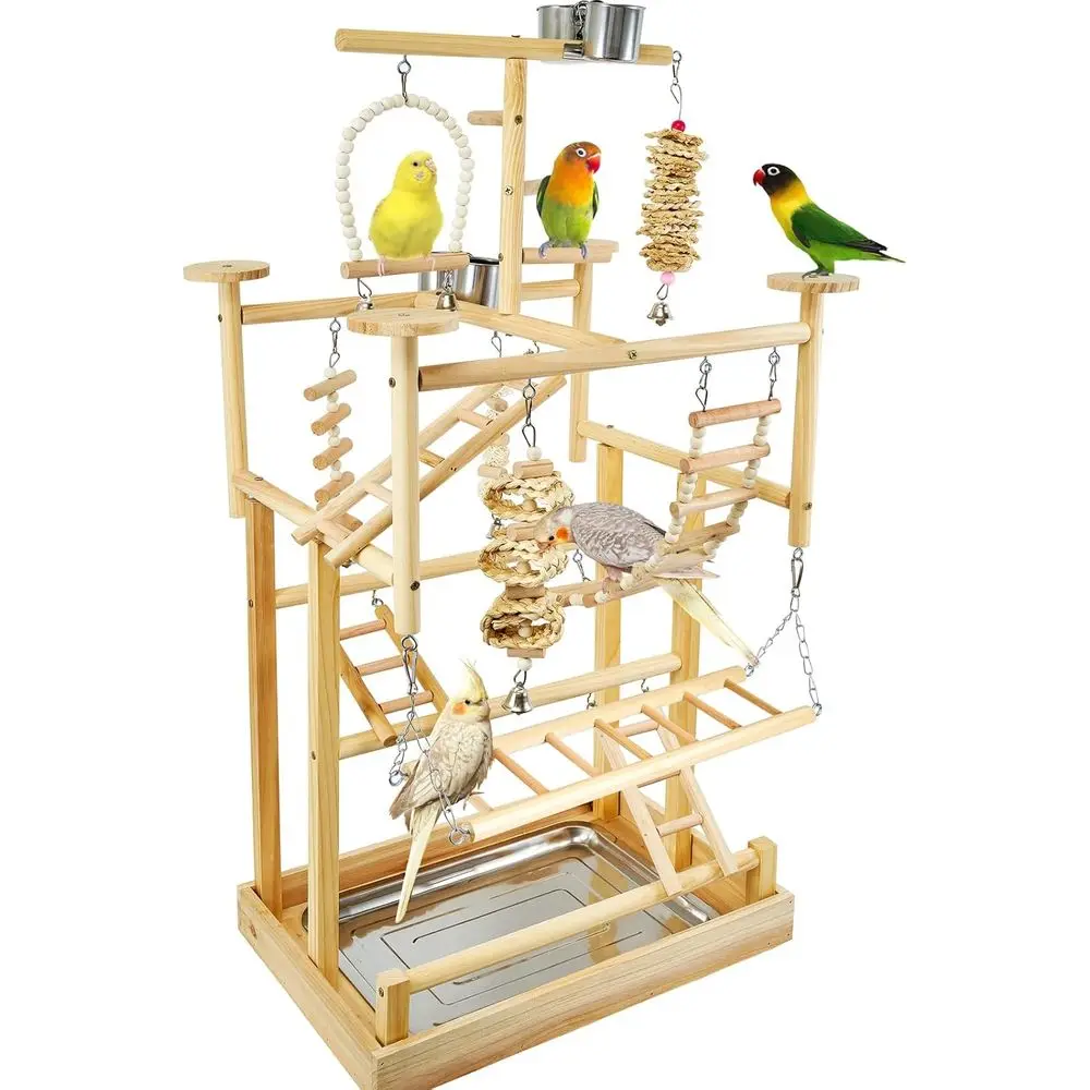 

Wooden Parrot Playstand with Perches, Play Gym, Removable Tray, 4 Stainless Cups