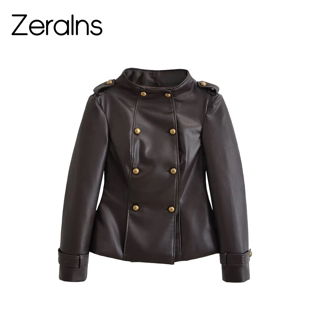 ZERAINS European and American style women's clothing new fashion versatile stand up collar double row buckle leather jacket