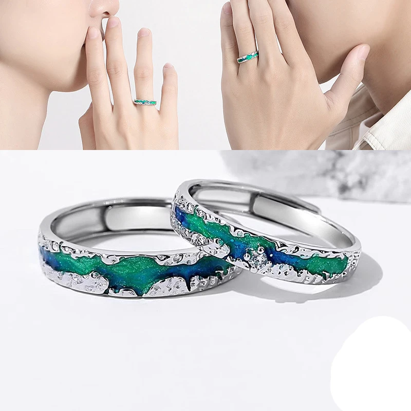 European Aurora Couple Finger Ring Blue Enamel For Women Men Birthday Gift Jewelry Adjustable Size