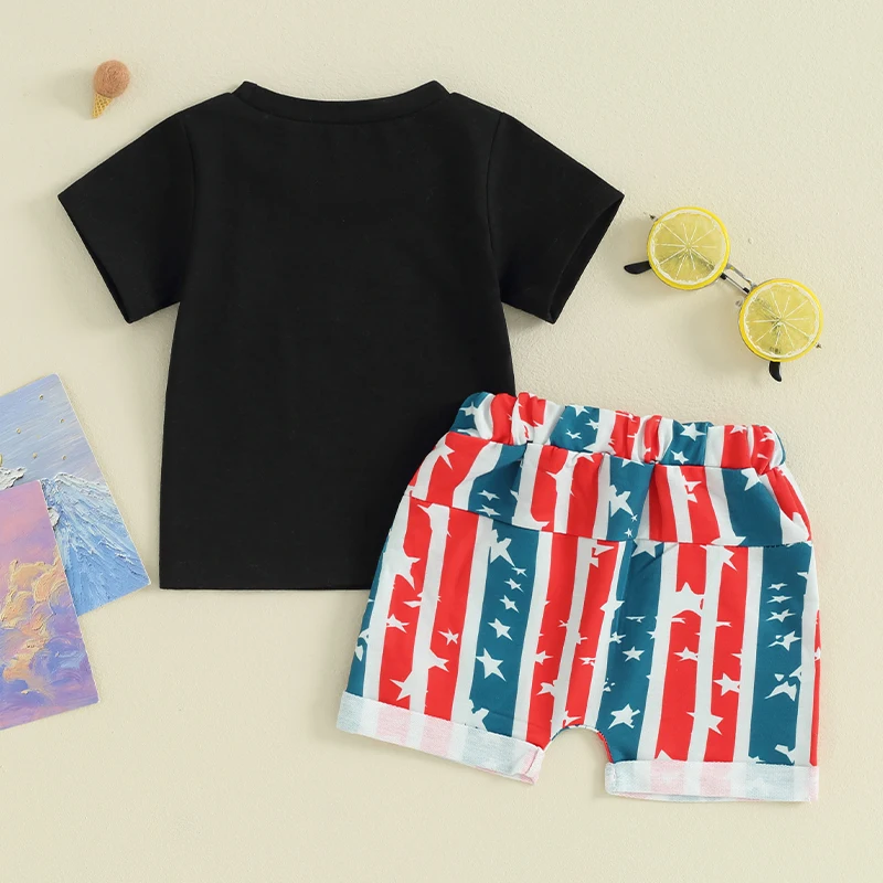 Baby Boy 4th of July Outfits Letter Print Short Sleeve T-Shirt Drawstring Shorts Fourth of July Summer Clothes Set