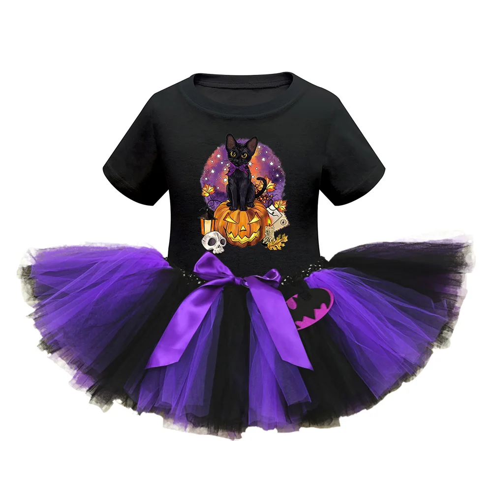 Kids Skirt Set Halloween Short Sleeve Print Horror Atmosphere Pattern Wizard Magician Set