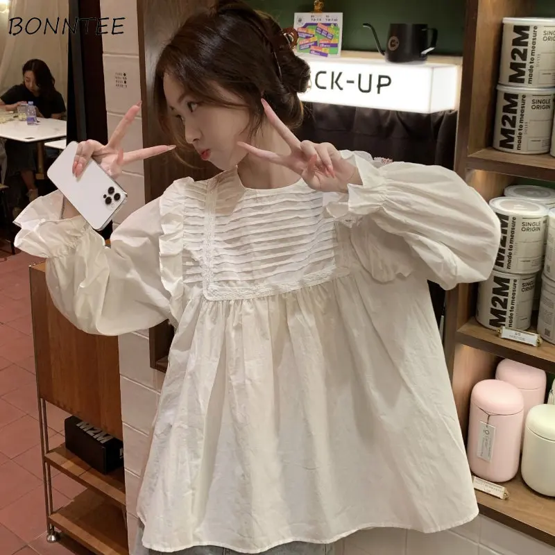 Blouses Women Leisure Elegant Solid All-match Fashion Pleated Korean Style Simple Streetwear O-Neck Sweet Spring Design Daily