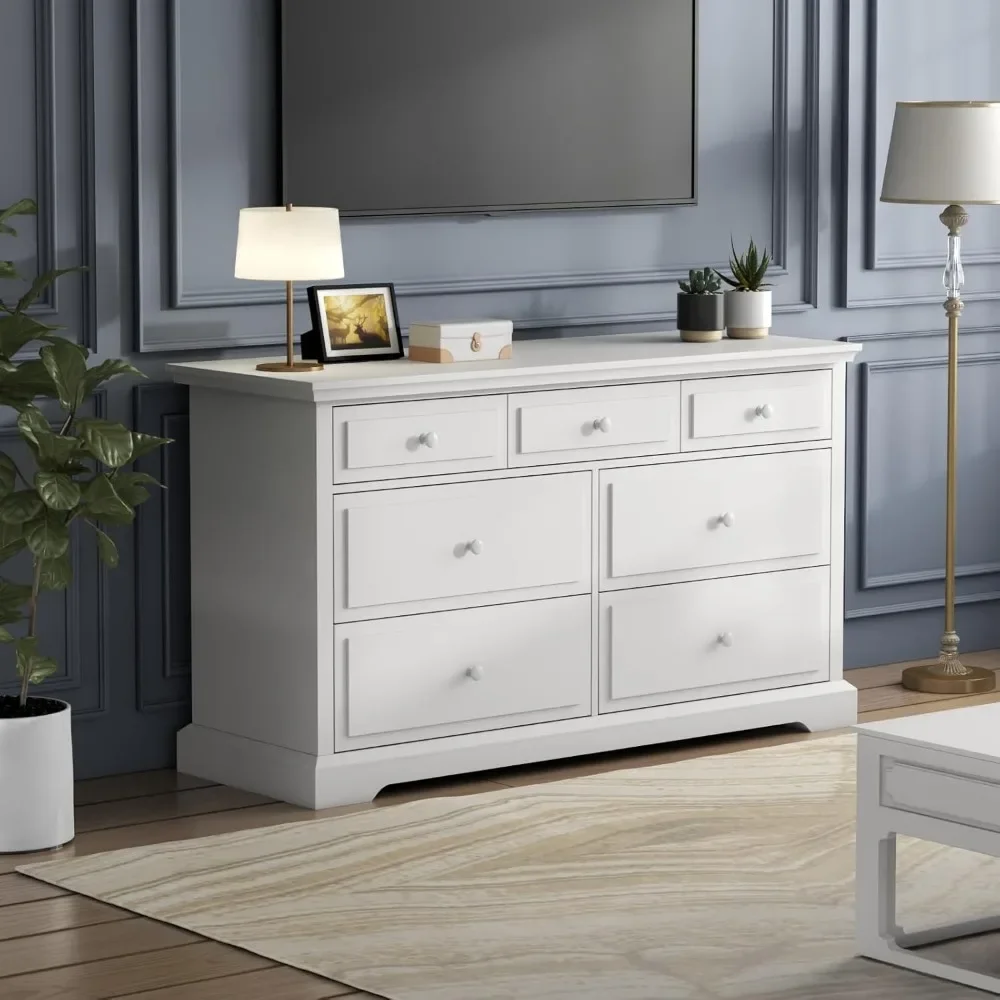 7 Drawers White Double Dressers Chests for Bedroom, Large Storage Dressers Organizer for Bedroom, Long Dresser Tv Stand