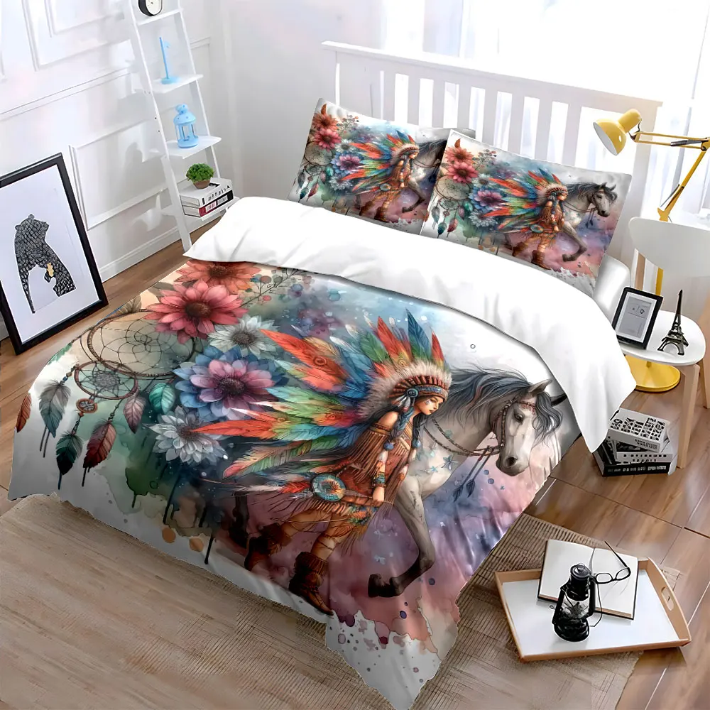 Colorful Feather Three-Piece Set Decor Bedding Set with 1 Duvet Cover 2 Pillowcases Single Double King Queen, Gift